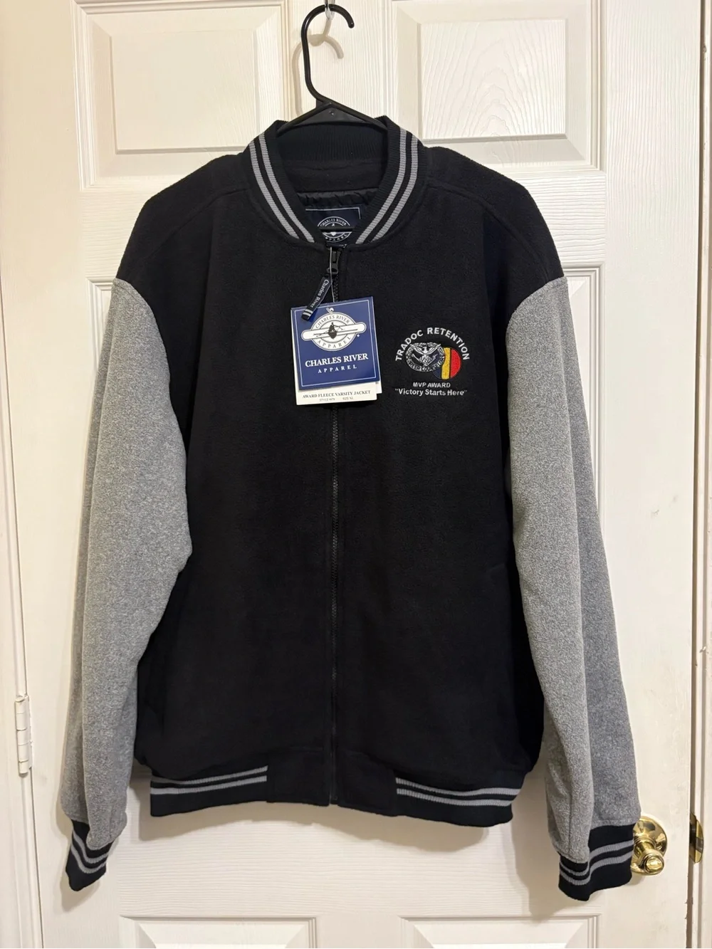 Charles River Apparel “Victory Starts Here” Black Fleece Varsity Jacket